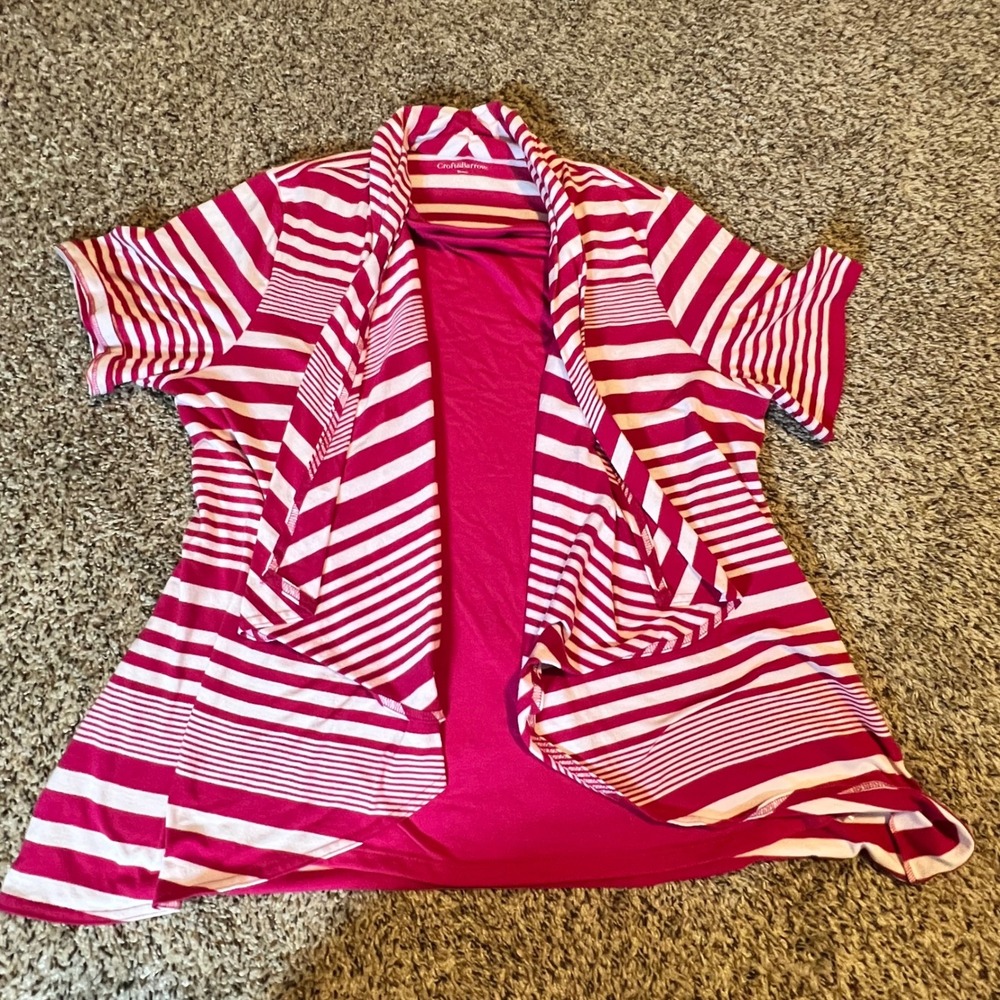 Croft‎ & Barrow Womens 1X Pink White Striped 2-in-1 Layered Short Sleeve Top